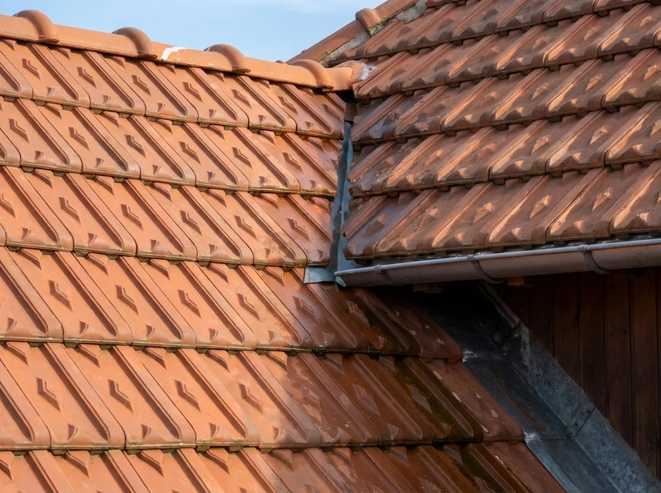 Ouvrier couvreur en vêtements de sécurité installant une nouvelle toiture sur maison résidentielle